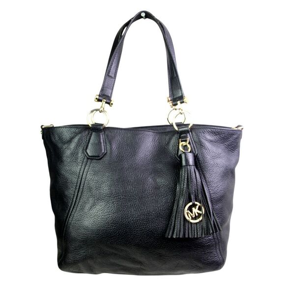LARGE Michael Kors BLACK GENUINE LEATHER TASSEL SHOULDER BAG TOTE HANDBAG PURSE - Picture 1 of 15